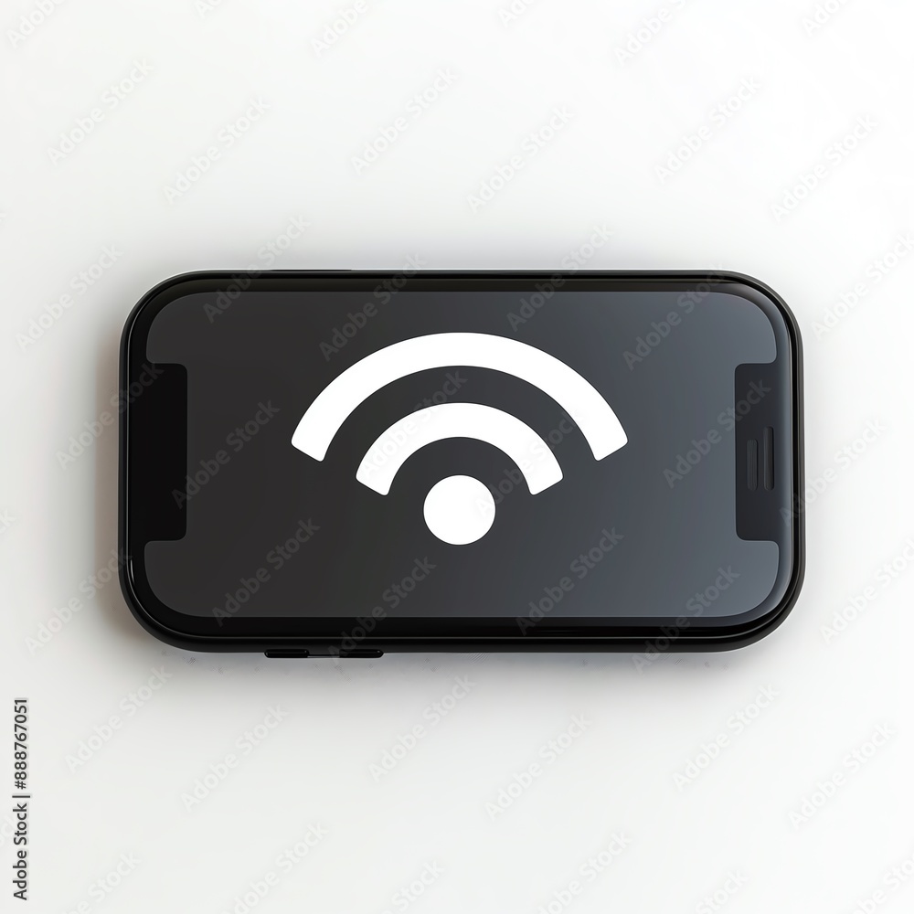 Black smartphone with white wifi symbol on screen, representing wireless connectivity and modern technology on white background. Black smartphone with white wifi symbol on screen, representing wireless connectivity and modern technology on white background.