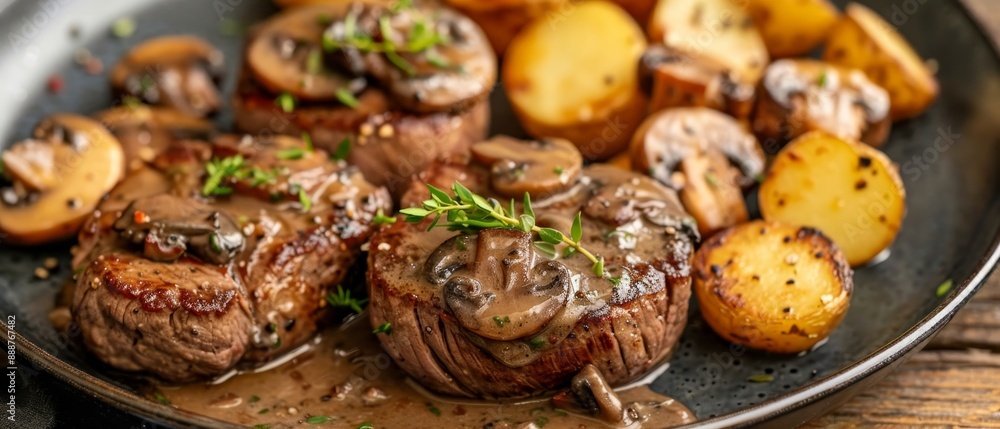 Steak with mushroom sauce and potatoes Steak with mushroom sauce and potatoes