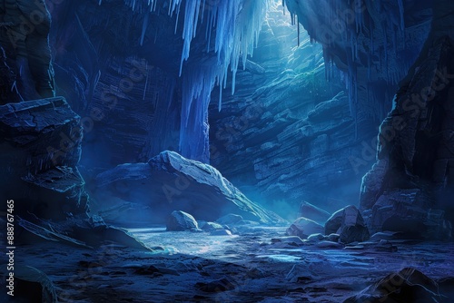 Mysterious Glowing Blue Ice Cave With Rocky Floor And Icicles