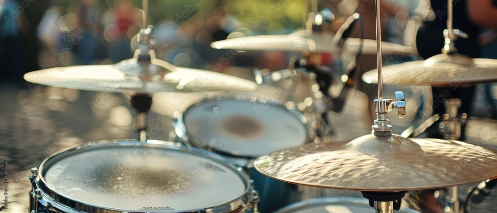Obraz premium Street music festival with sunny day drum kit and hi hat cymbals captured in a selective focus close up shot