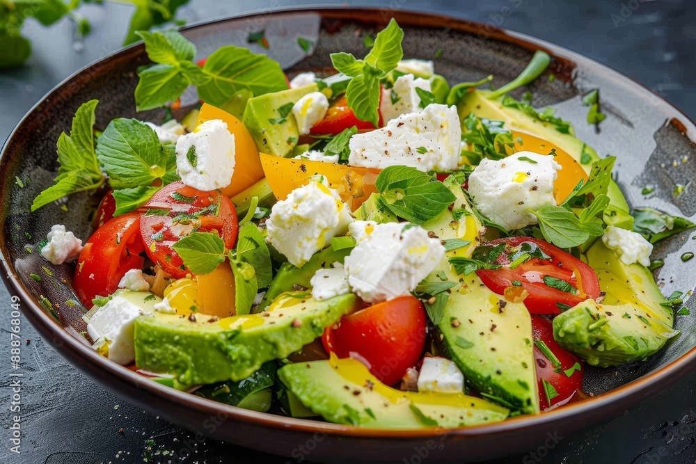 Studio photo of fresh vegetable salad with avocado and goat cheese Studio photo of fresh vegetable salad with avocado and goat cheese