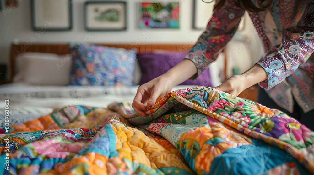 Folding a Quilt Hands folding a large colorful quilt Folding a Quilt Hands folding a large colorful quilt