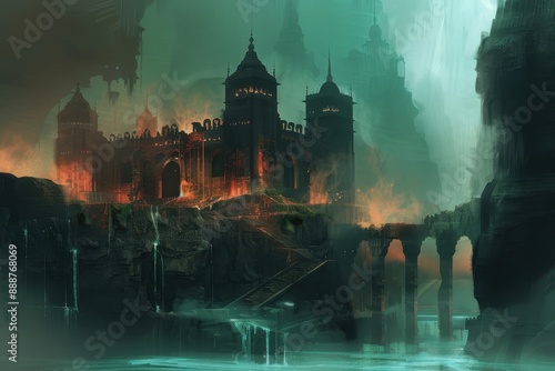 Ancient citadel engulfed in flames amidst a mystical lake photo