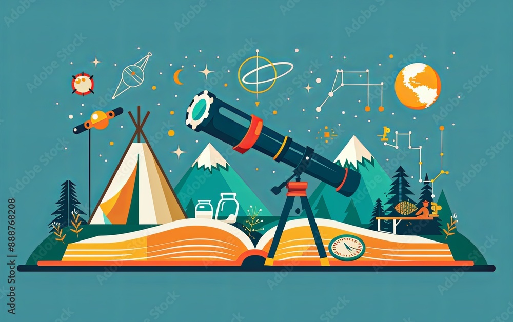 Cool flat design graphic element on science camp with telescope ...