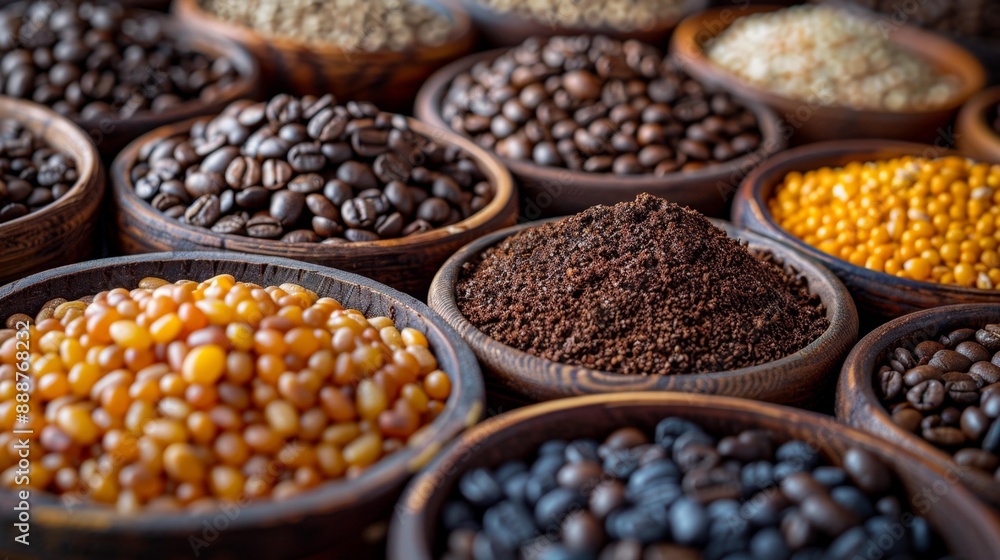 Variety of coffee beans and spices in wooden bowls - generative ai Variety of coffee beans and spices in wooden bowls - generative ai