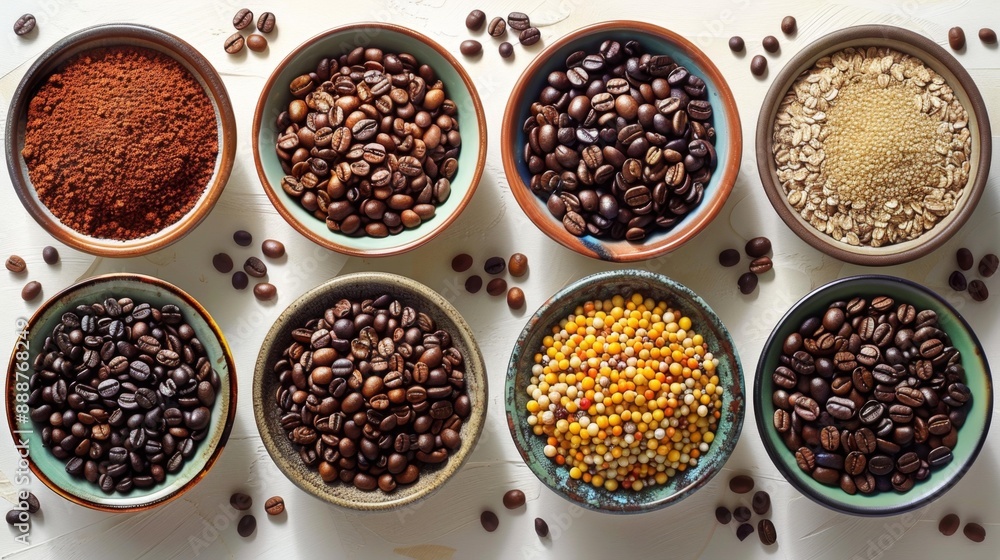 Variety of coffee beans and grains in bowls - generative ai Variety of coffee beans and grains in bowls - generative ai