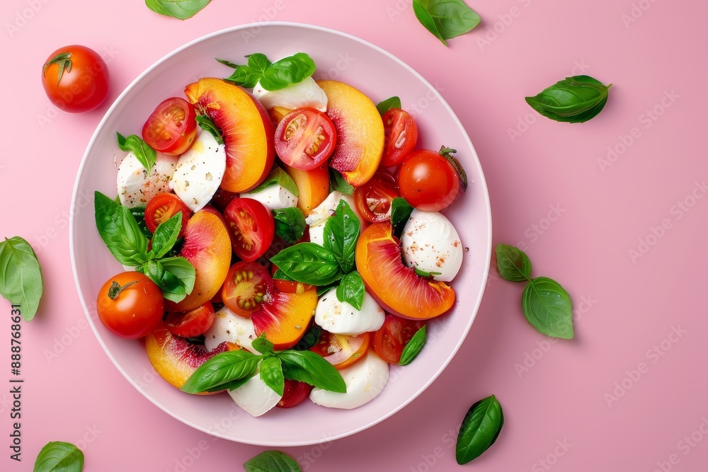 Summer salad with nectarine mozzarella tomatoes basil on pink background Summer salad with nectarine mozzarella tomatoes basil on pink background