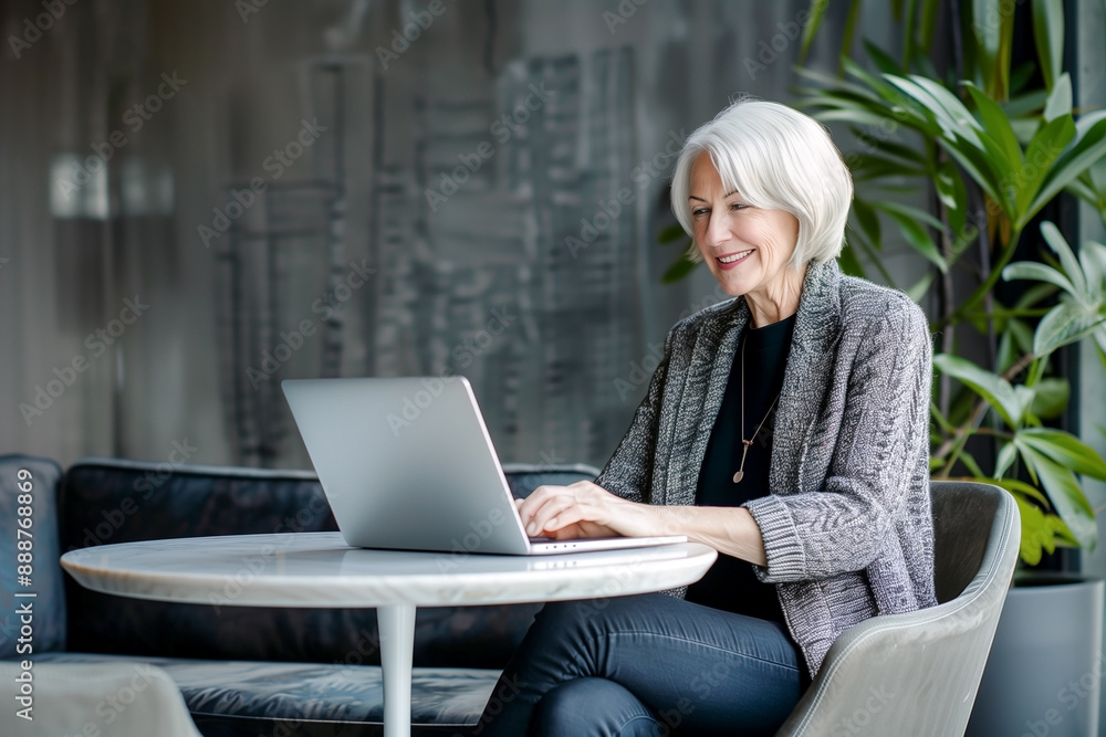 white hair elderly woman working on laptop, elegant business woman smiling use computer learn. white hair elderly woman working on laptop, elegant business woman smiling use computer learn.