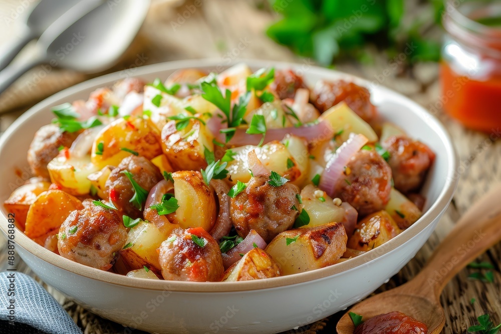 Swabian style potato salad with meatballs and ketchup in background with selective focus Swabian style potato salad with meatballs and ketchup in background with selective focus