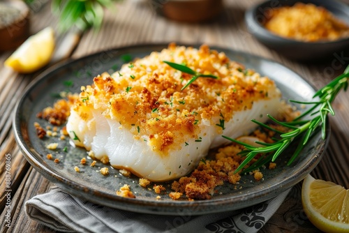 Tasty cod fillet with breadcrumbs on a plate