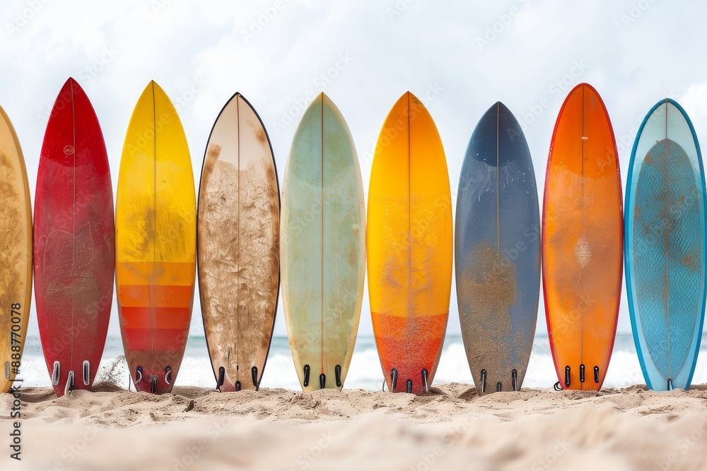 Row of surfboards on the sand against a white background, depicting a colorful beach summer scene, styled as a concept art illustration. Row of surfboards on the sand against a white background, depicting a colorful beach summer scene, styled as a concept art illustration.