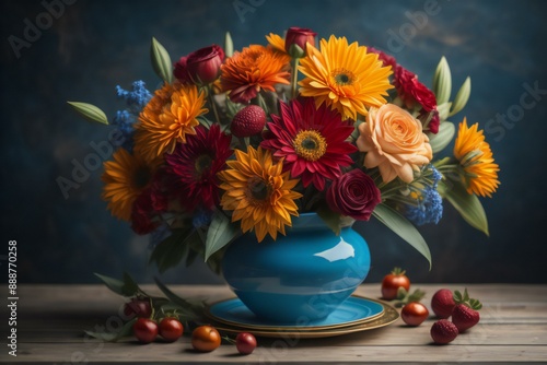 Bouquet of colorful flowers in blue vase on wooden table. ai generated