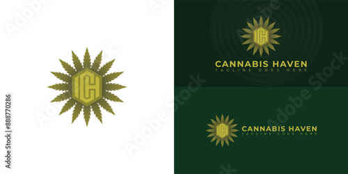 Abstract initial hexagon letter CH or HC logo in green color isolated on multiple background colors. The logo is suitable for cannabis dispensary brand logo design inspiration templates.