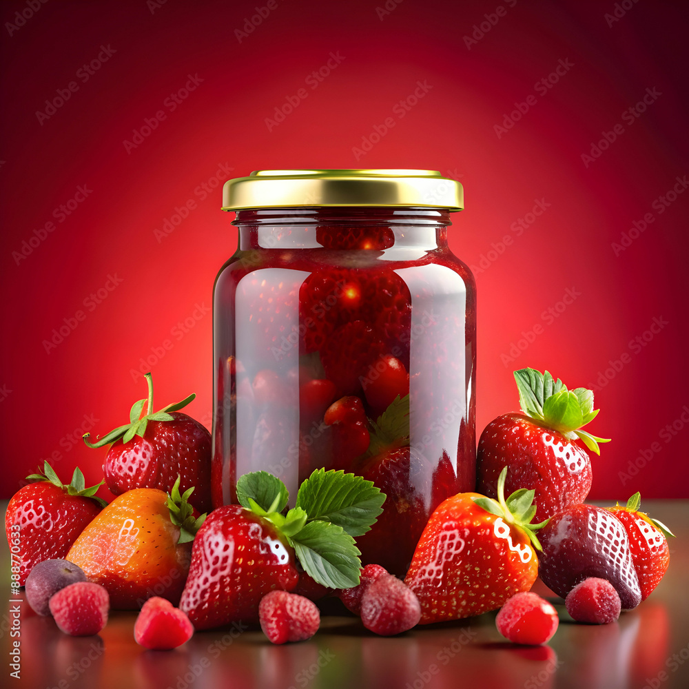 Strawberry jam in a transparent jar A small jar of homemade strawberry jam Strawberries Natural Strawberry jam in a transparent jar A small jar of homemade strawberry jam Strawberries Natural