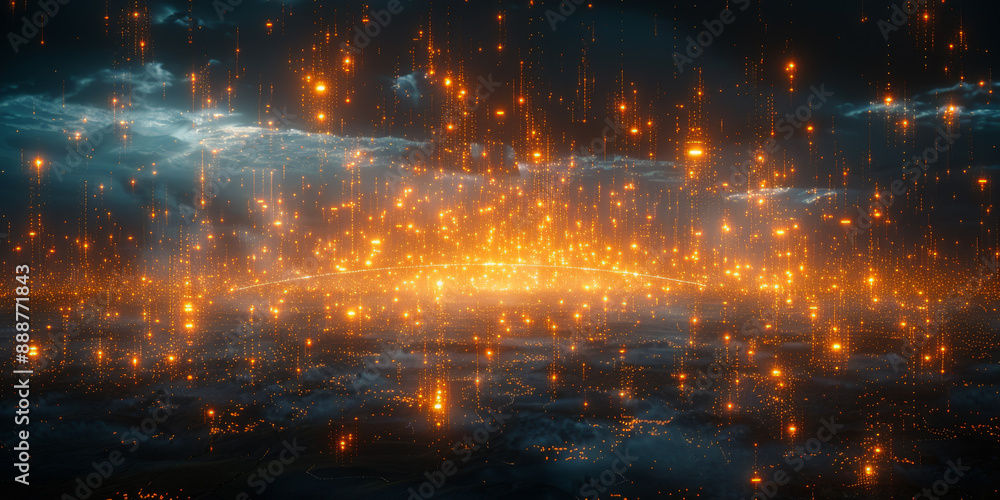 Abstract glowing candlestick forex chart with index and grid on dark background. Invest, trade, finance ans stock market concept. 3D Rendering.