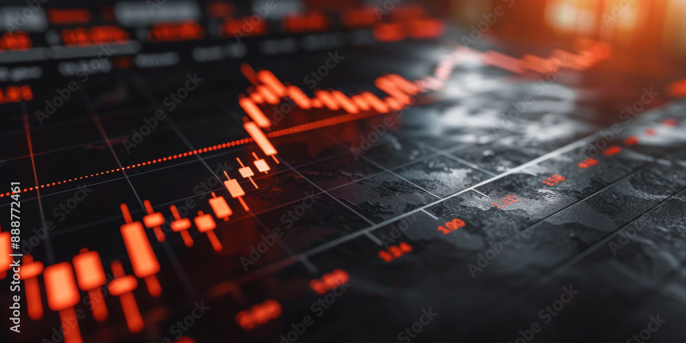 Abstract glowing candlestick forex chart with index and grid on dark background. Invest, trade, finance ans stock market concept. 3D Rendering. Abstract glowing candlestick forex chart with index and grid on dark background. Invest, trade, finance ans stock market concept. 3D Rendering.