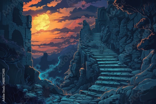 Ancient stone ruins of a forgotten temple bathed in the light of a setting sun