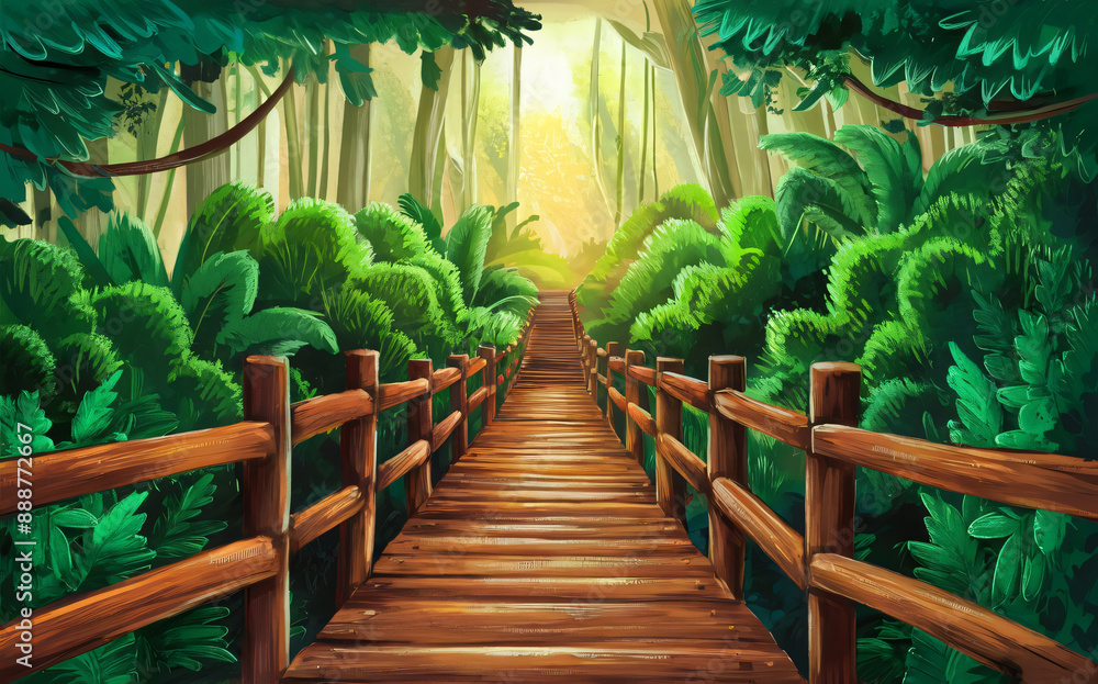A flat Wooden bridge, graphic art Illustration, cartoon background A flat Wooden bridge, graphic art Illustration, cartoon background
