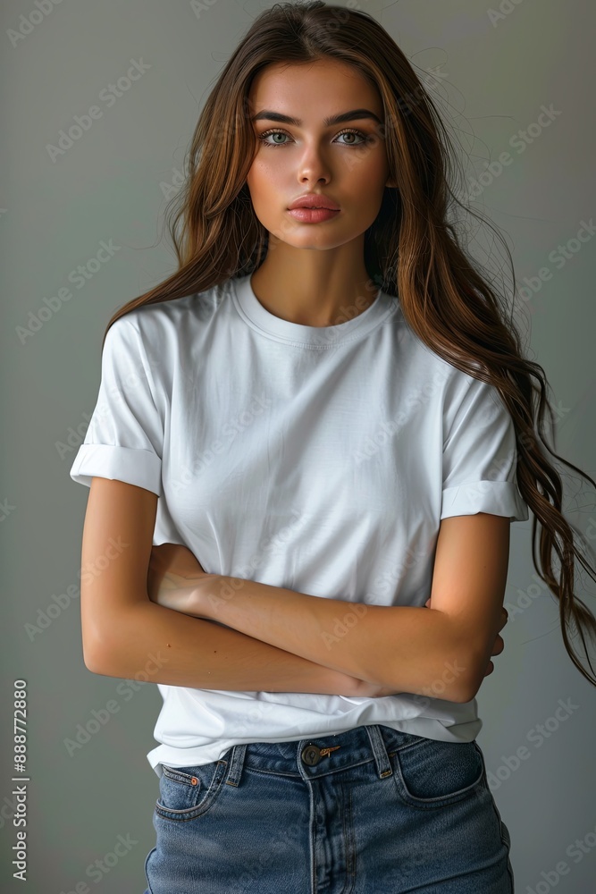 White tshirt mockup on woman model created with Generative AI White tshirt mockup on woman model created with Generative AI