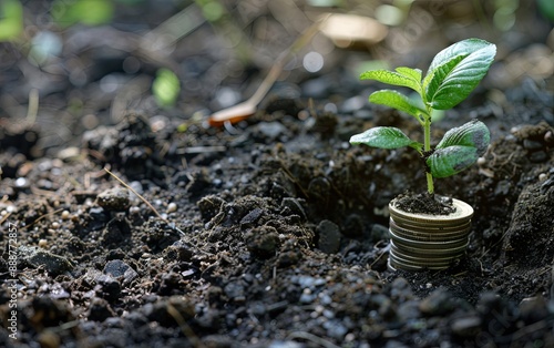 Pieces de monnaie et plante qui grandit dans la terre : concept de finance verte pour entreprises, rapport ESG, investissement durable dans des projets a impacts sociaux, societaux et environnementaux photo