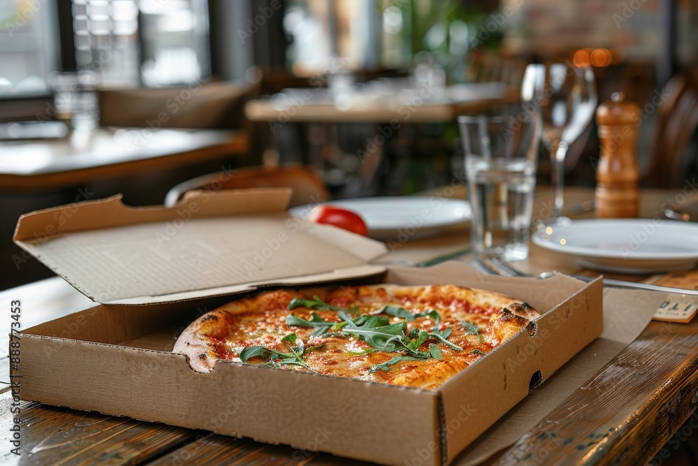 Empty pizza box on a table with a casual dining setting Empty pizza box on a table with a casual dining setting