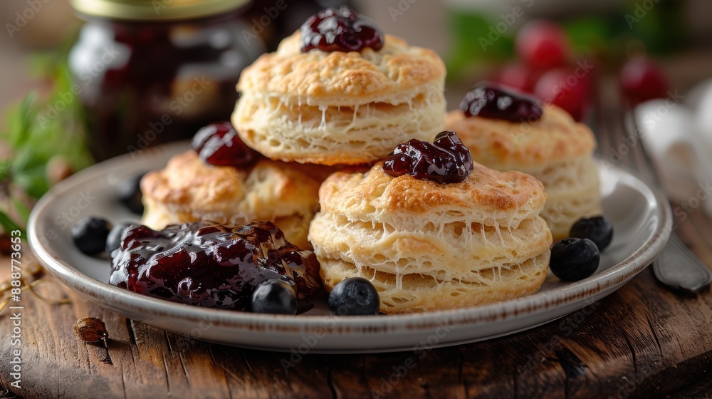 Freshly Baked Flaky Biscuits with Berry Jam and Blueberries on Rustic Wooden Table Freshly Baked Flaky Biscuits with Berry Jam and Blueberries on Rustic Wooden Table