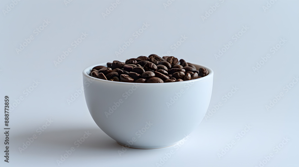 A white coffee cup sits on a table with a pile of coffee beans next to it A white coffee cup sits on a table with a pile of coffee beans next to it