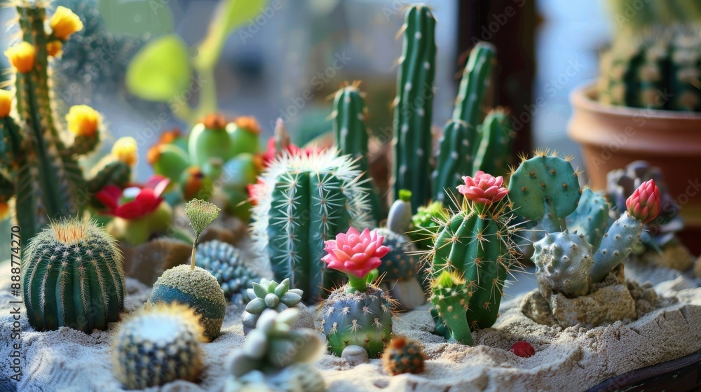 Cactus garden with various species in sand Cactus garden with various species in sand