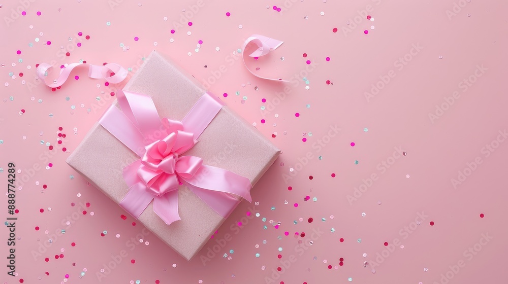 Gift box with ribbon and confetti on pink backdrop Gift box with ribbon and confetti on pink backdrop