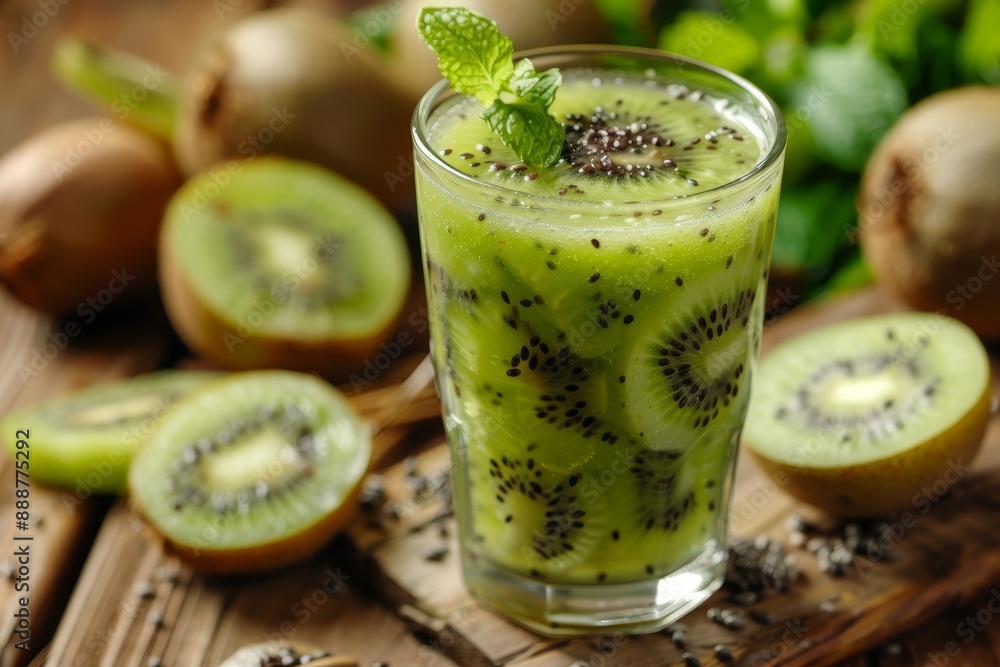 Tasty kiwi shake and fresh fruits on wooden surface Tasty kiwi shake and fresh fruits on wooden surface