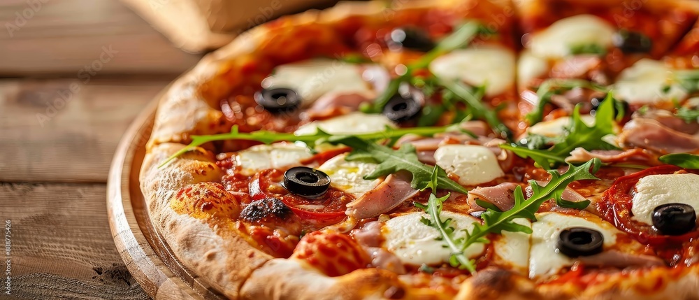 Tasty pizza with mozzarella rocket olives tomato sauce anchovies Tasty pizza with mozzarella rocket olives tomato sauce anchovies