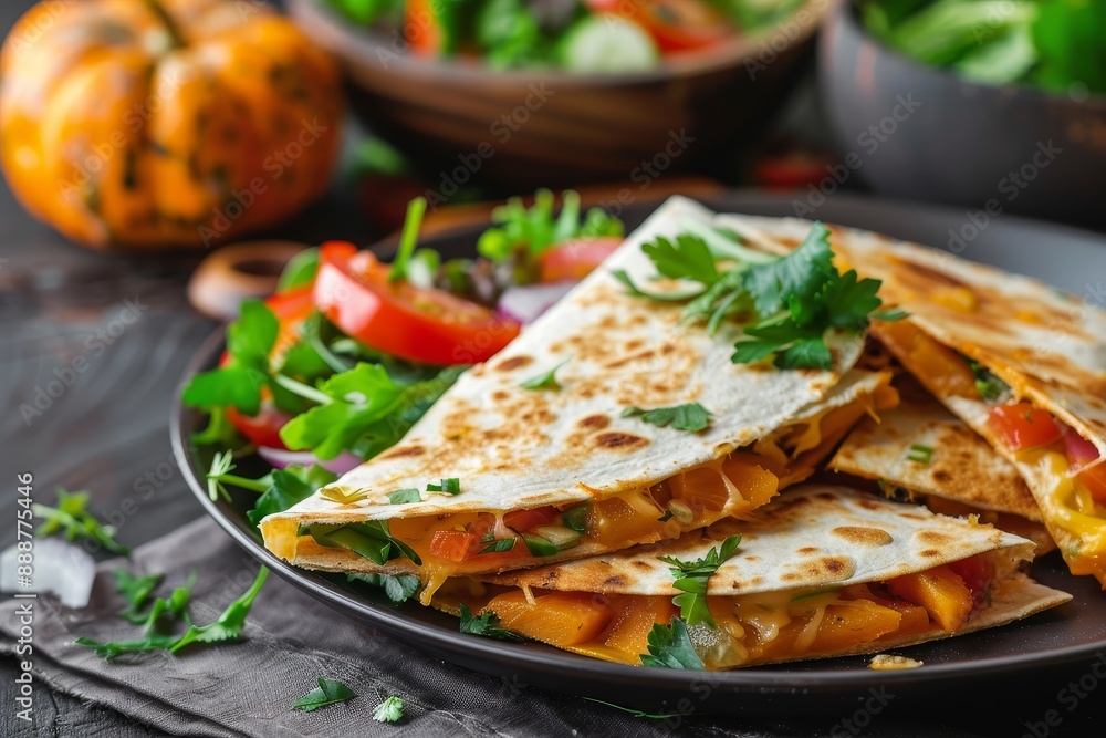 Tasty pumpkin quesadilla ready to serve with salad Tasty pumpkin quesadilla ready to serve with salad