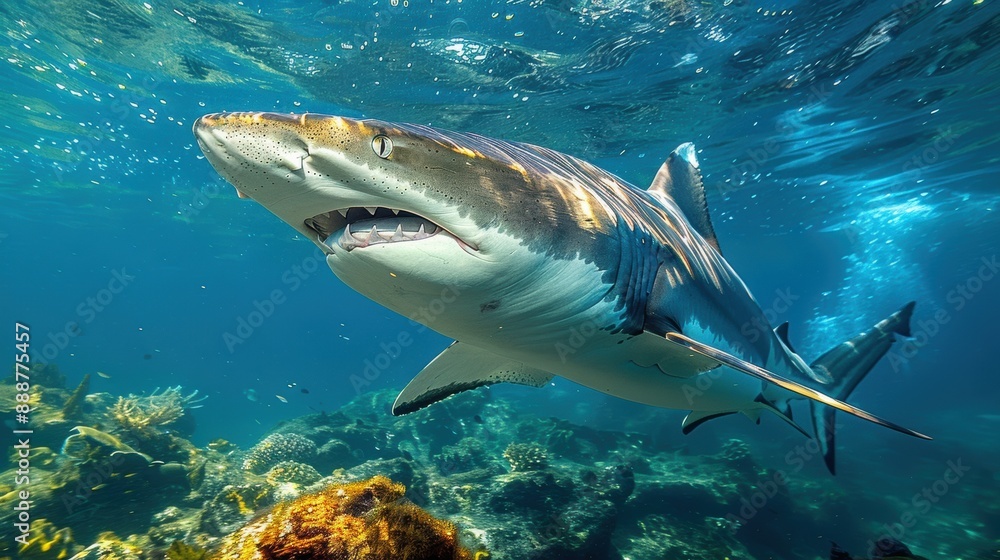 Fototapeta premium Majestic Shark Swimming Underwater in Vibrant Coral Reef with Clear Blue Water
