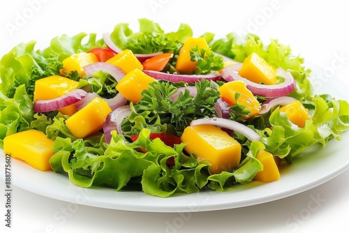 Tasty salad with lettuce crab onion and mango on white plate