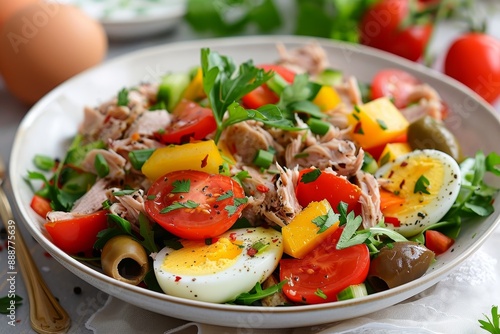 Tasty salad with tuna tomatoes eggs olives and peppers