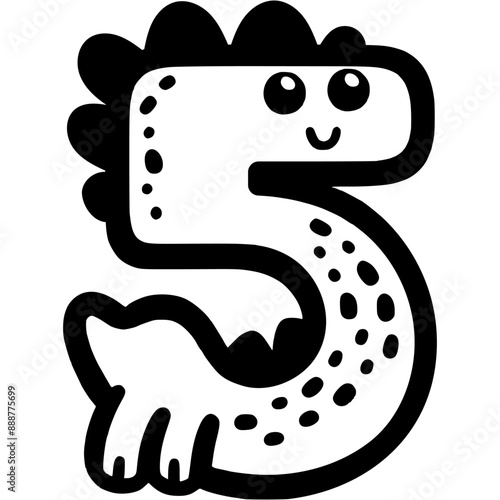 Number five, 5 in dinosaur style in monochrome. Simple minimalistic vector in black ink drawing on transparent background