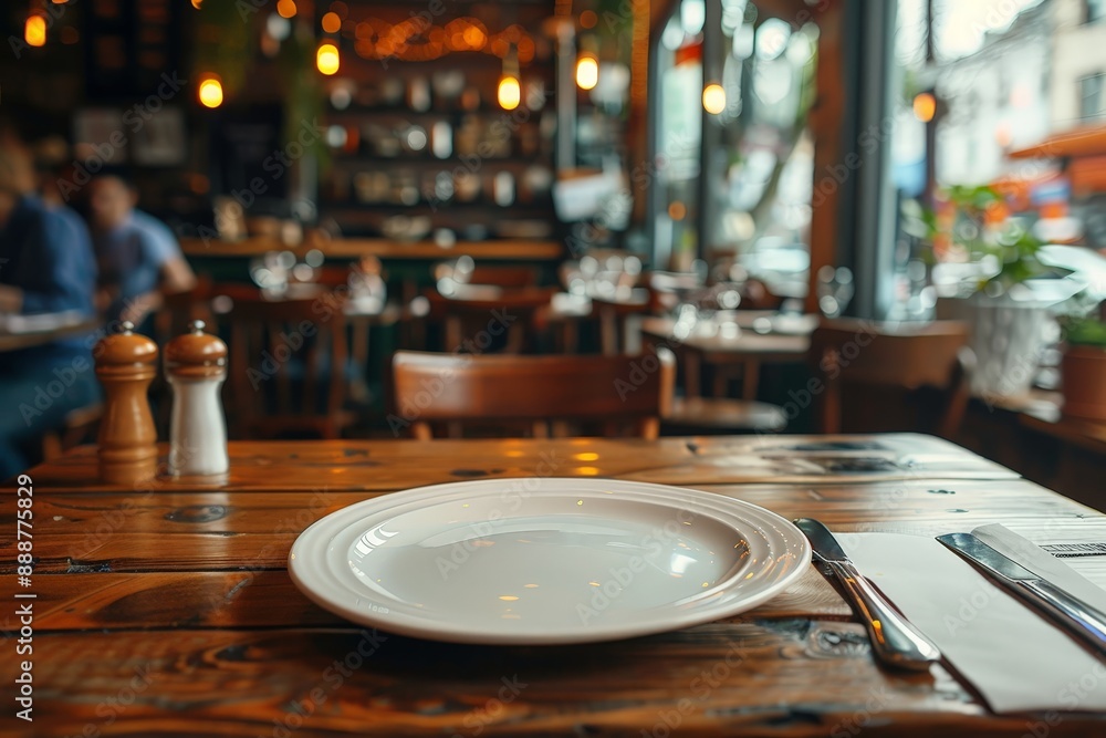 Empty plate on a restaurant table with a busy dining area Empty plate on a restaurant table with a busy dining area