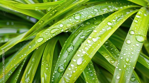 Close-up of dew on a spider plant leaf photo