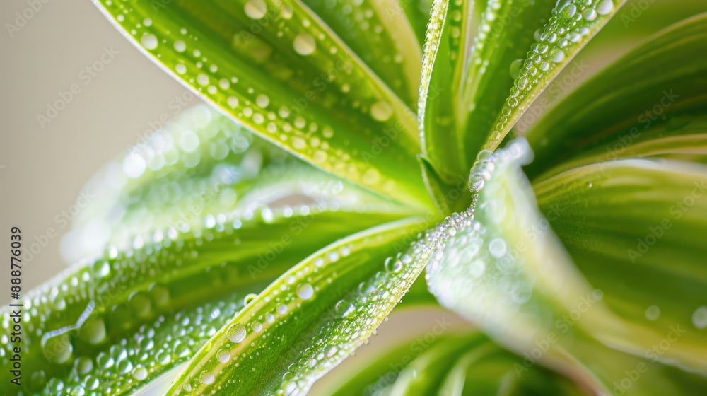 Obraz premium Close-up of dew on a spider plant leaf