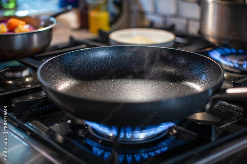 The pan heats on the stove ready to fry or stir fry The pan heats on the stove ready to fry or stir fry