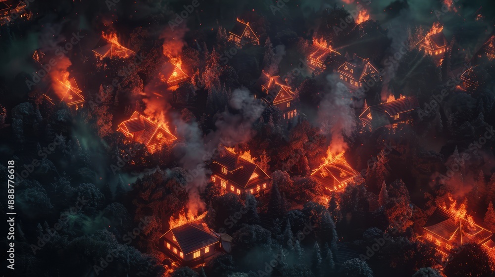 3D rendering, houses on fire in the forest made of cubes, top view, red and orange colors, dark background, glow effect, detailed texture, smoke around elements, global illumination, bright light. Hou 3D rendering, houses on fire in the forest made of cubes, top view, red and orange colors, dark background, glow effect, detailed texture, smoke around elements, global illumination, bright light. Hou