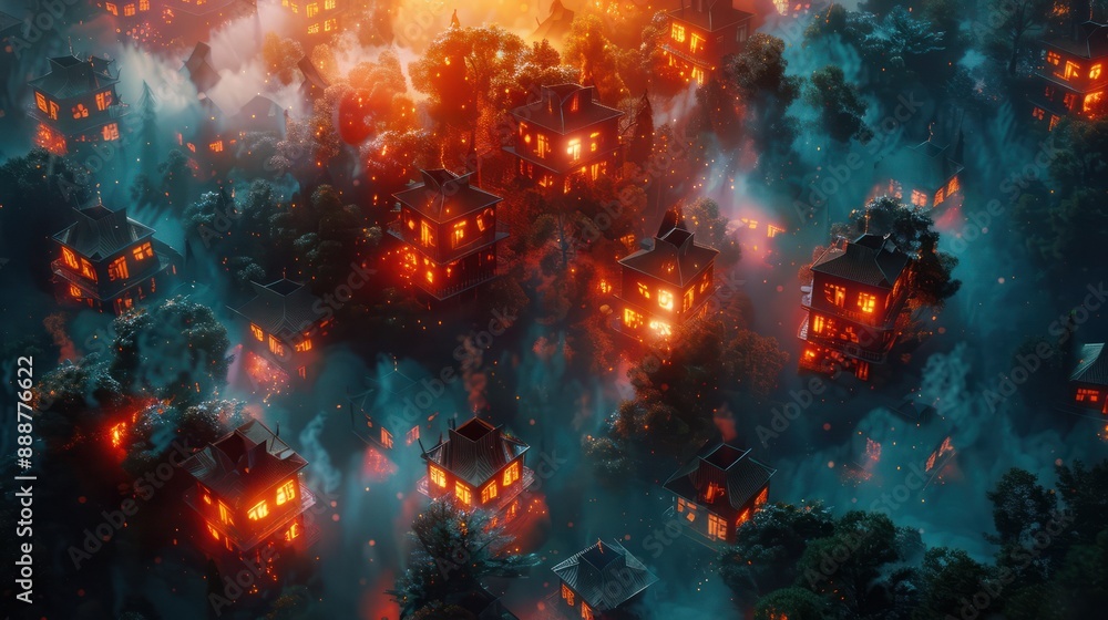 3D rendering, houses on fire in the forest made of cubes, top view, red and orange colors, dark background, glow effect, detailed texture, smoke around elements, global illumination, bright light. Hou 3D rendering, houses on fire in the forest made of cubes, top view, red and orange colors, dark background, glow effect, detailed texture, smoke around elements, global illumination, bright light. Hou