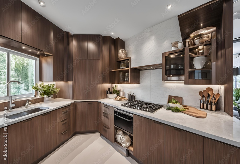 Luxury home kitchen interior with cabinet and kitchenware, cooking space Luxury home kitchen interior with cabinet and kitchenware, cooking space