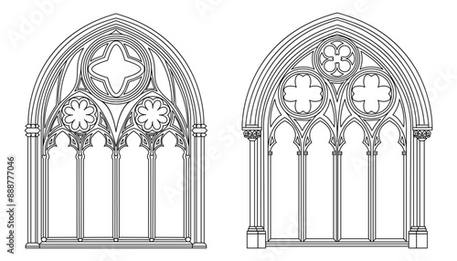 Gothic windows outline. Black linear drawing of classic architectural decorative frame isolated on white.