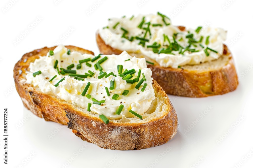 Toasted bread with cream cheese and chives on white background Toasted bread with cream cheese and chives on white background