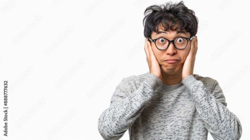 A Portrait of a funny Asian man on a white isolated transparent background. A Portrait of a funny Asian man on a white isolated transparent background.