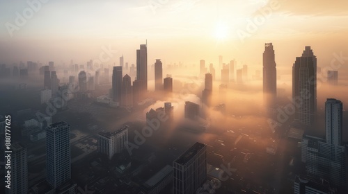 A panoramic view of skyscrapers in Bangkok shrouded in smog from PM5 air pollution, representing a looming health crisis , Bangkok, PM5, air pollution, smog, skyscrapers