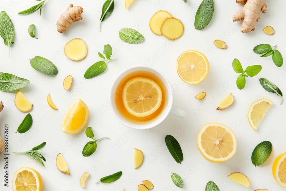Top view of a creative herbal tea layout with cup lemon and ginger on white background Top view of a creative herbal tea layout with cup lemon and ginger on white background