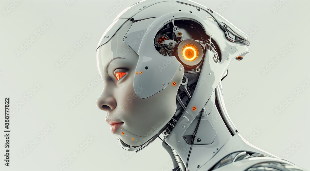 Profile of Futuristic Female Robot with Glowing Eyes in Minimalist Style Profile of Futuristic Female Robot with Glowing Eyes in Minimalist Style