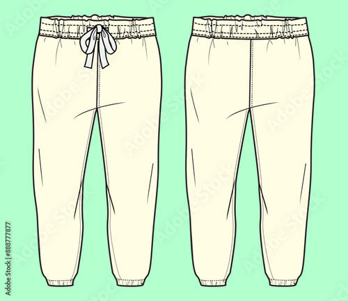 Elasticated terry fleece jogger for girls and women fashion illustration flat sketch outline vector template. 